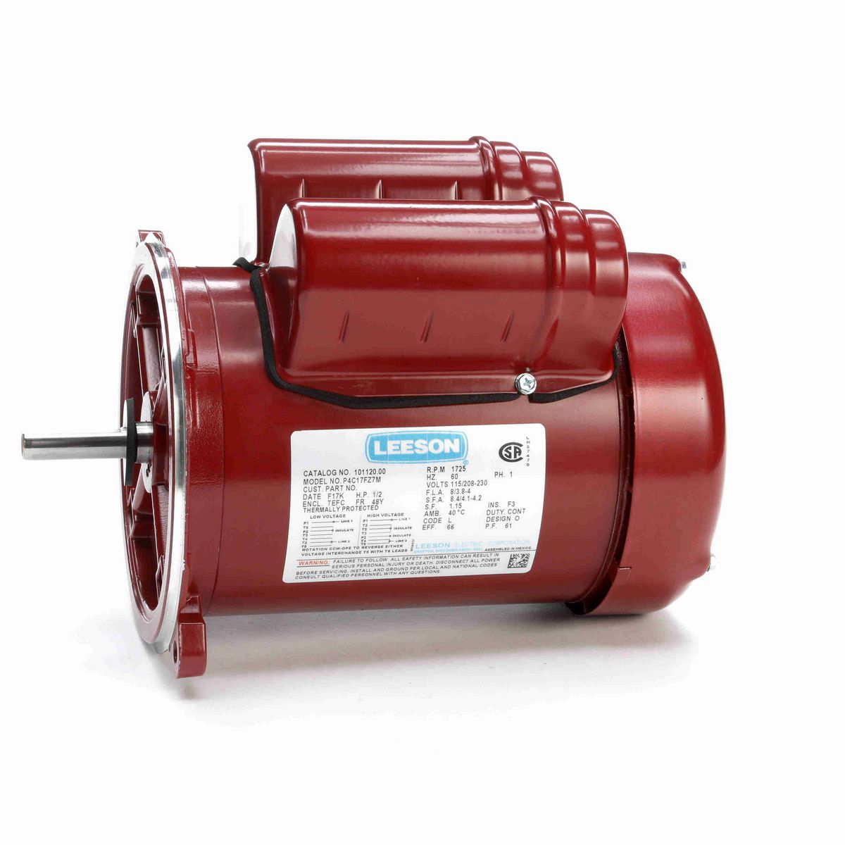LEESON Auger Drive Motor, 0.50 HP, 1 Ph, 60 Hz, 115/230 V, 1800 RPM, 48Y Frame, TEFC - 101120.00