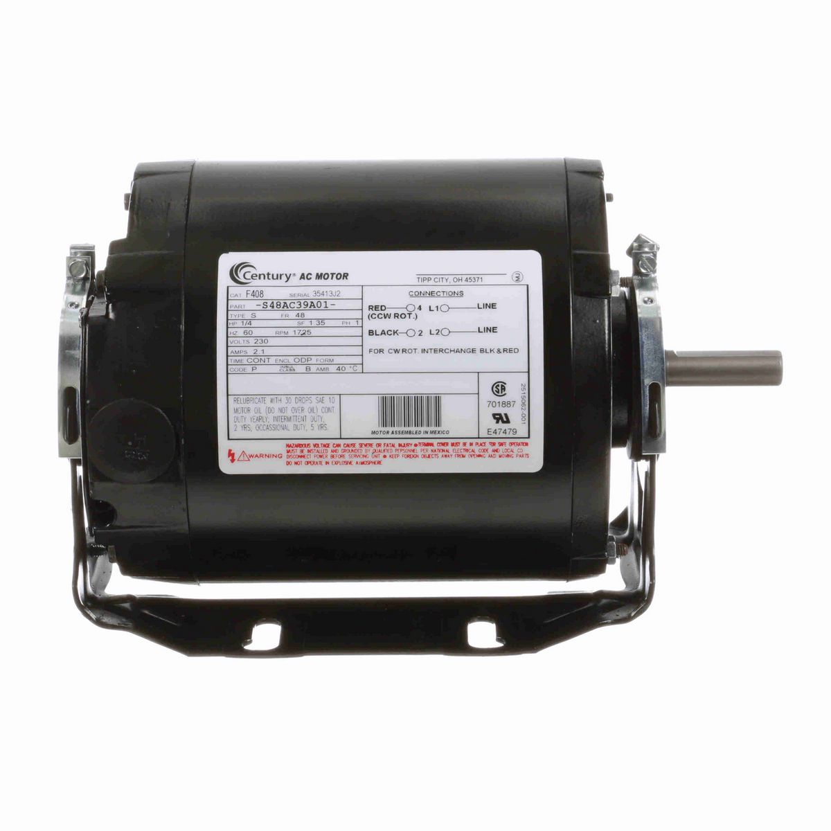 Century General Purpose Motor, 1/4 HP, 1 Ph, 60 Hz, 230 V, 1800 RPM, 48 Frame, ODP - F408