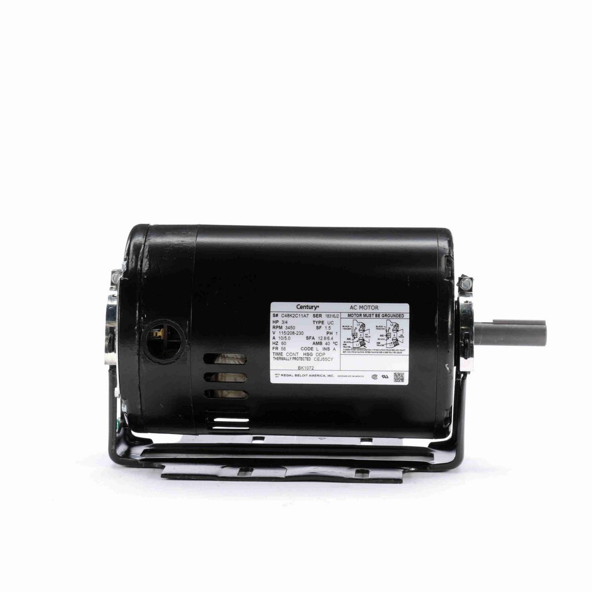 Century Fan and Blower Motor, 3/4 HP, 1 Ph, 60 Hz, 115/208-230 V, 3600 RPM, 56 Frame, ODP - BK1072