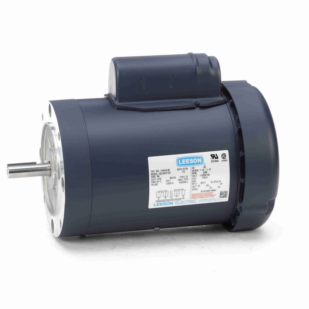LEESON General Purpose Motor, 1.50 HP, 1 Ph, 60 Hz, 115/230 V, 3600 RPM, 56C Frame, TEFC - 110419.00