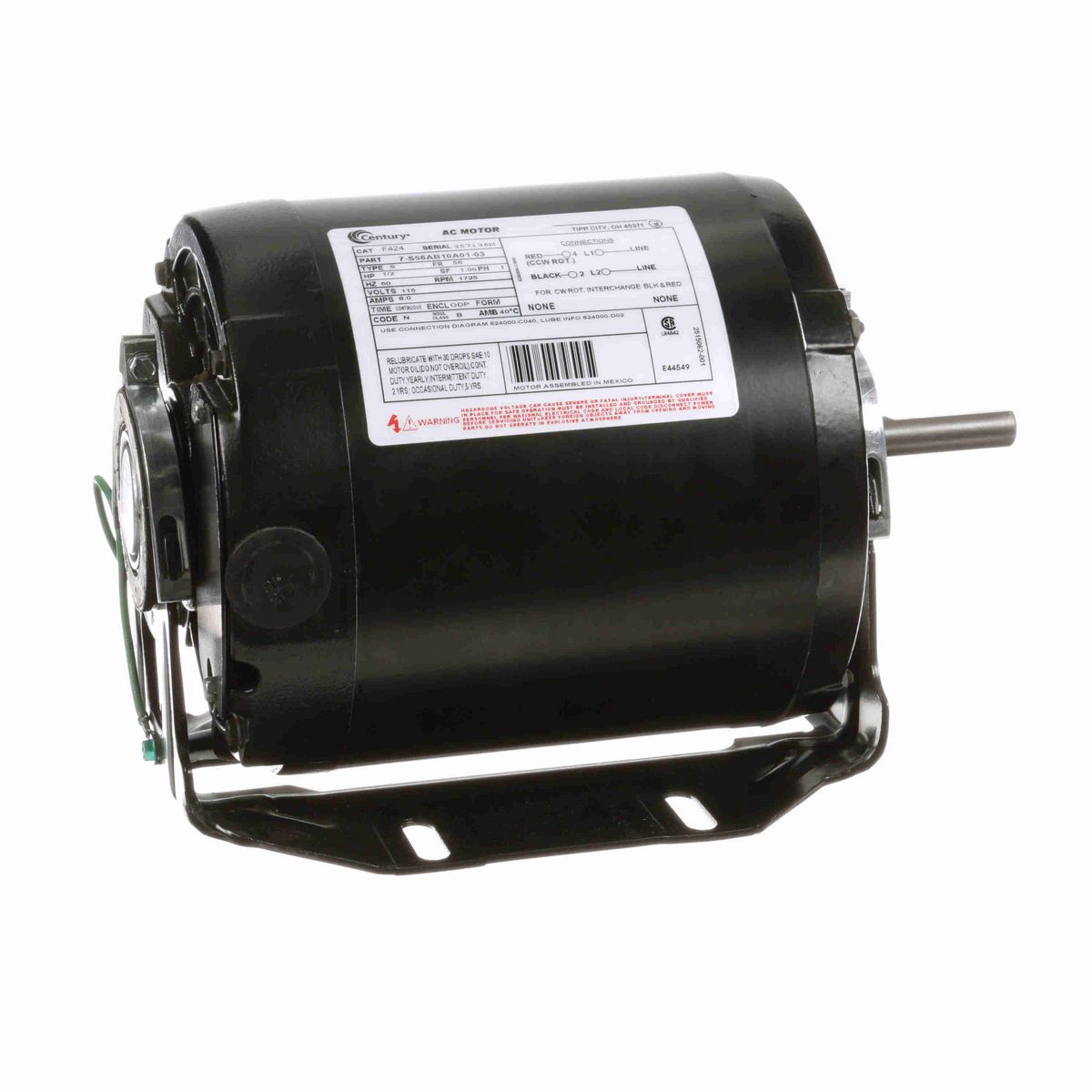 Century General Purpose Motor, 1/2 HP, 1 Ph, 60 Hz, 115 V, 1800 RPM, 56 Frame, ODP - F424