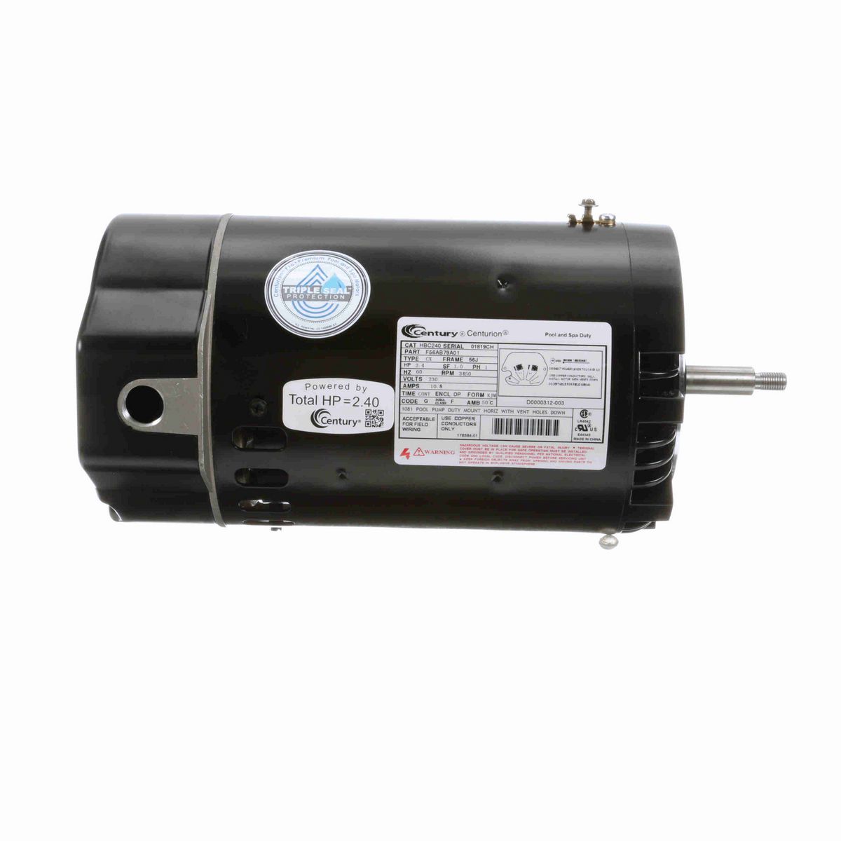 Century Pool Pump Motor, 2.4 HP, 1 Ph, 60 Hz, 230 V, 3600 RPM, 56J Frame, DP - HBC240