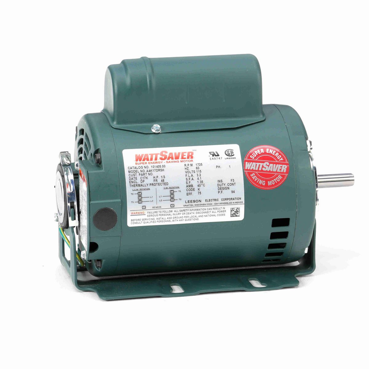 LEESON Fan and Blower Motor, 0.33 HP, 1 Ph, 60 Hz, 115 V, 1800 RPM, 48 Frame, DP - 101405.00