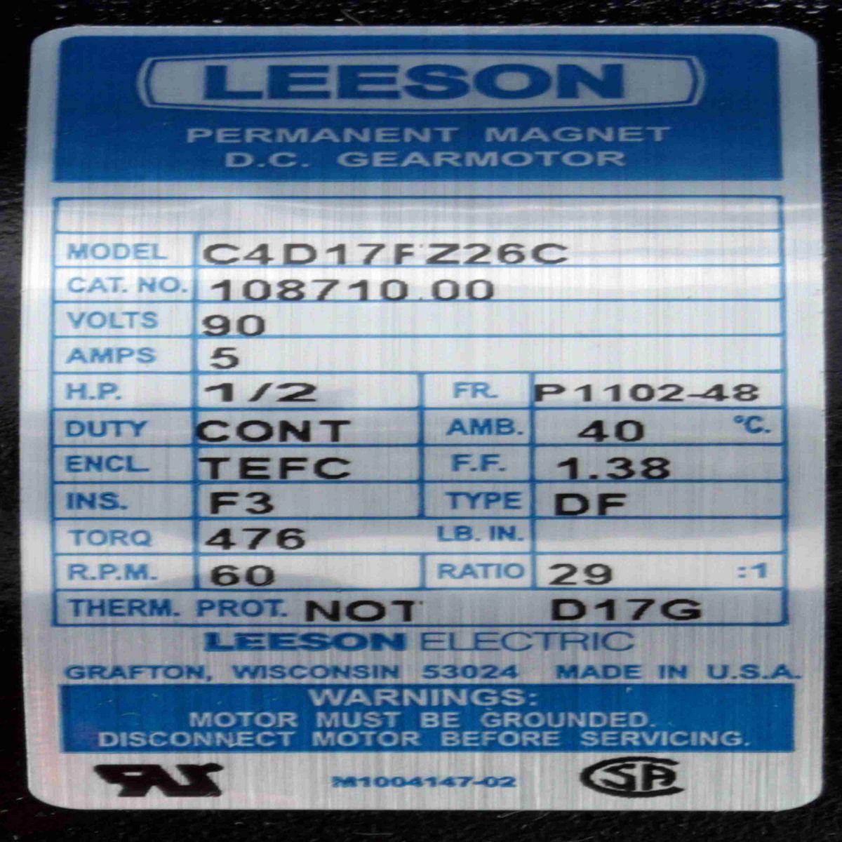 LEESON Parallel Shaft Gearmotor, 0.50 HP, 90 V, 60 RPM, 48Y Frame, TEFC - 108710.00