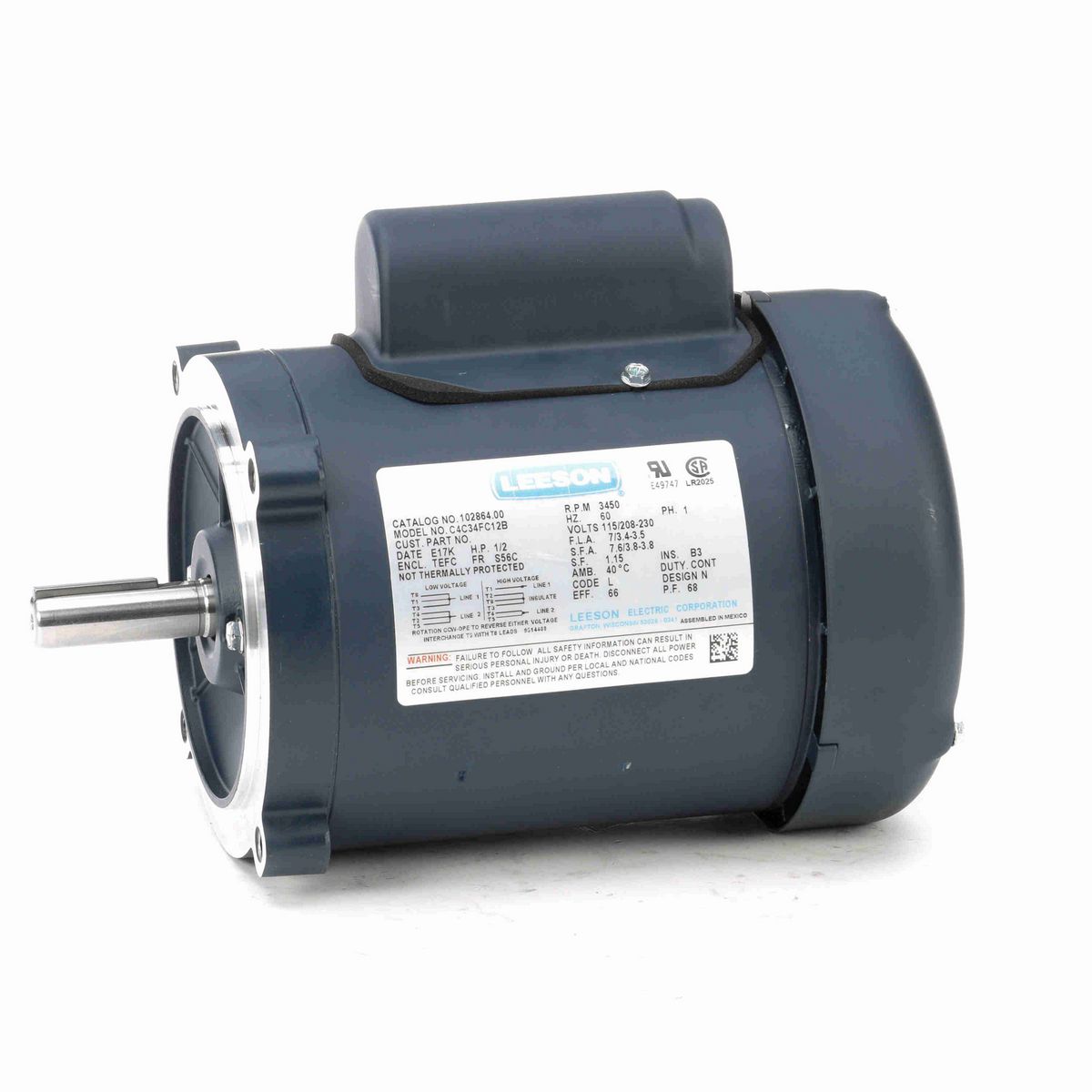 LEESON General Purpose Motor, 0.50 HP, 1 Ph, 60 Hz, 115/230 V, 3600 RPM, S56C Frame, TEFC - 102864.00