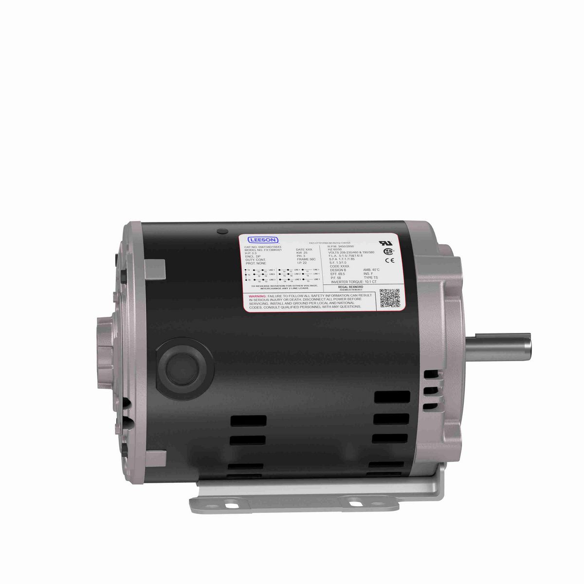 LEESON FLEX-IN-1™ General Purpose Motor, 0.33 & 0.33 HP, 3 Ph, 60 & 50 Hz, 208-230/460 & 190/380 V, 3600 & 3000 RPM, 56C Frame, DP - FX13BK001