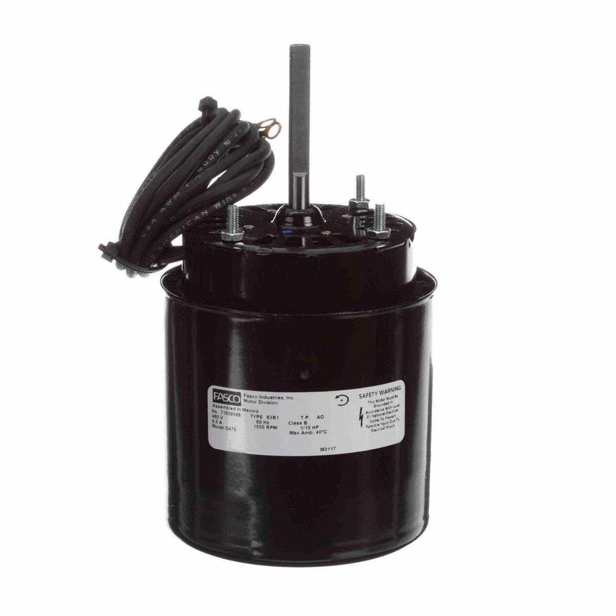 FASCO OEM Replacement Motor, 1/15 HP, 1 Ph, 60 Hz, 460 V, 1550 RPM, 1 Speed, 3.3" Diameter, OAO - D475