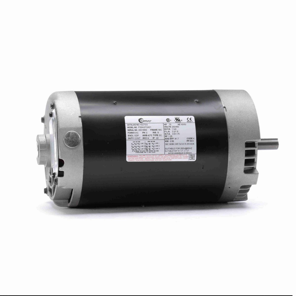 Century General Purpose Motor, .75 HP, 3 Ph, 60 Hz, 230/460 V, 1200 RPM, 56C Frame, ODP - H027ES