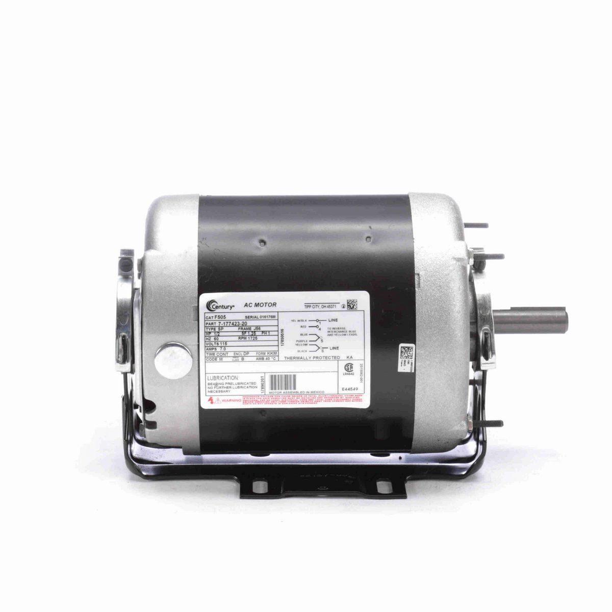 Century Fan and Blower Motor, 1/2 HP, 1 Ph, 60 Hz, 115 V, 1800 RPM, J56 Frame, DP - F505