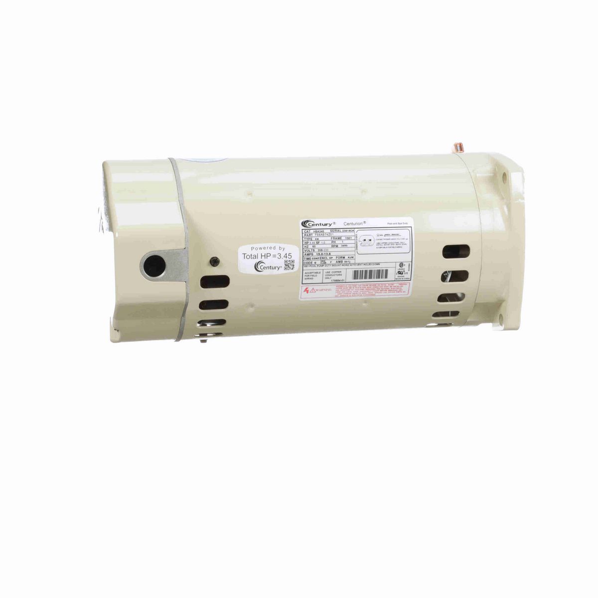 Century Centurion PRO ® Motors Pool Pump Motor, 3.45 HP, 1 Ph, 60 Hz, 208-230 V, 3600 RPM, Y56Y Frame, DP - HBA345