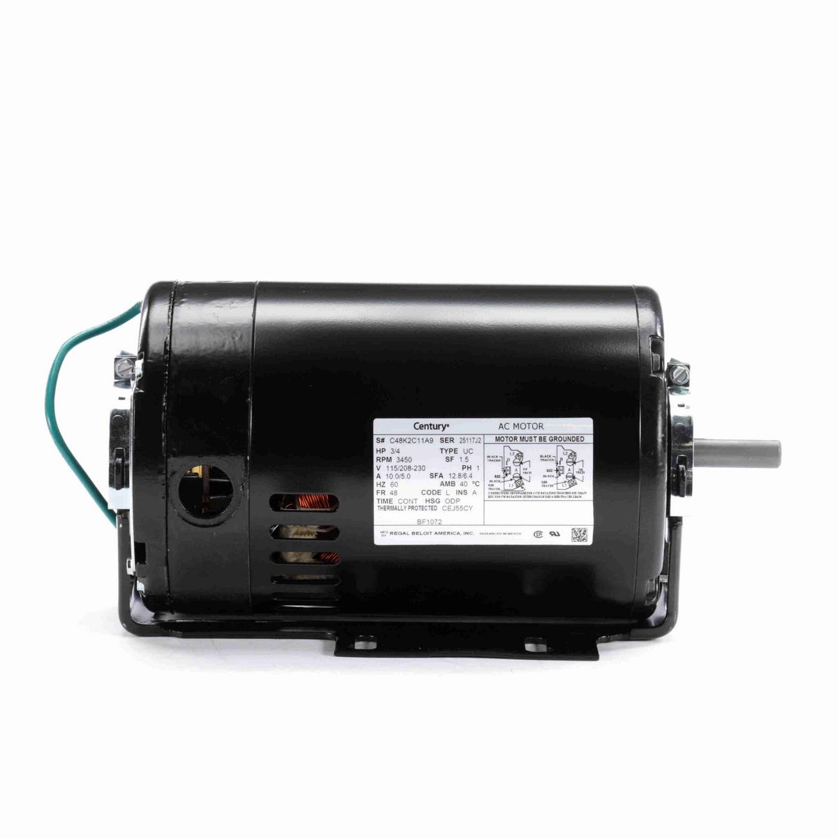 Century Fan and Blower Motor, 3/4 HP, 1 Ph, 60 Hz, 115/208-230 V, 3600 RPM, 48None Frame, ODP - BF1072