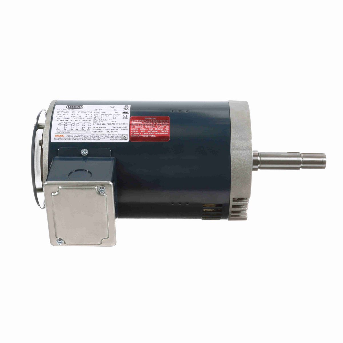 LEESON Close-Coupled Pump Motor, 1 & 0.75 HP, 3 Ph, 60 & 50 Hz, 208-230/460 & 190/380 V, 1800 & 1500 RPM, 143JMV Frame, DP - GT4101