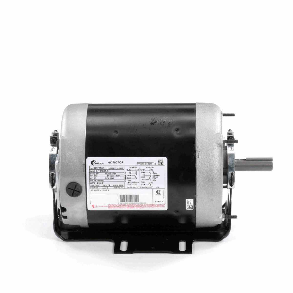 Century Fan and Blower Motor, 1/2 HP, 1 Ph, 60 Hz, 115/230 V, 1200 RPM, K56 Frame, DP - BF2056D