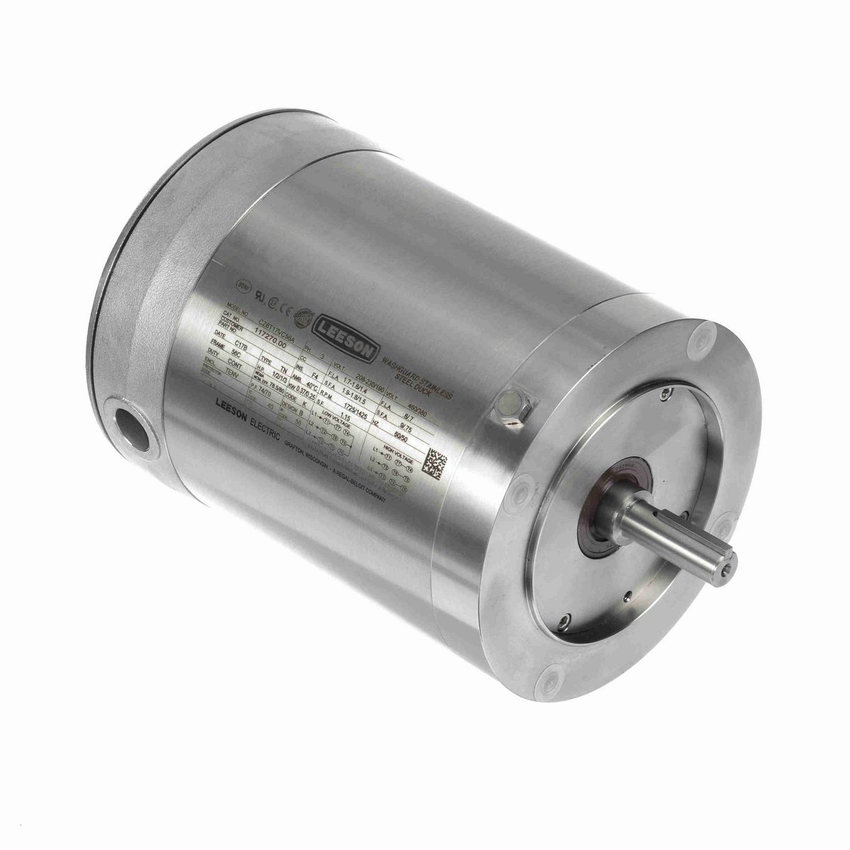 LEESON Premium Duck™ General Purpose Motor, 0.50 & 0.33 HP, 3 Ph, 60 & 50 Hz, 230/460 & 190/380 V, 1800 & 1500 RPM, 56C Frame, TENV - 117270.00