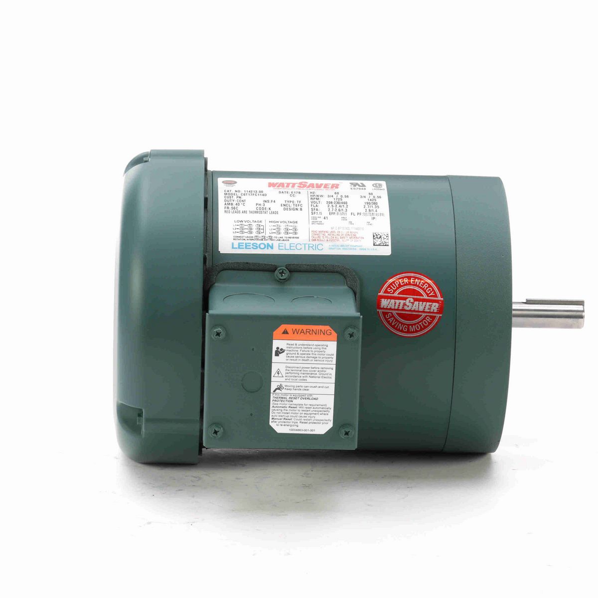 LEESON WATTSAVER® General Purpose Motor, 0.75 & 0.75 HP, 3 Ph, 60 & 50 Hz, 230/460 & 190/380 V, 1800 & 1500 RPM, 56C Frame, TEFC - 114213.00