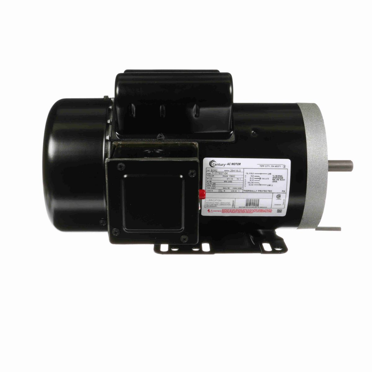 Century Auger Drive Motor, 3.0 HP, 1 Ph, 60 Hz, 230 V, 3600 RPM, Y56HC Frame, TEFC - B382