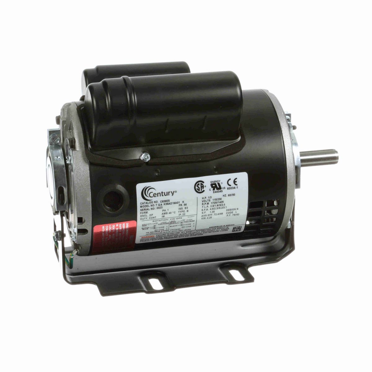 Century General Purpose Motor, 1/3 HP, 1 Ph, 60 Hz, 115/230 V, 1800 RPM, 56 Frame, ODP - C839ES