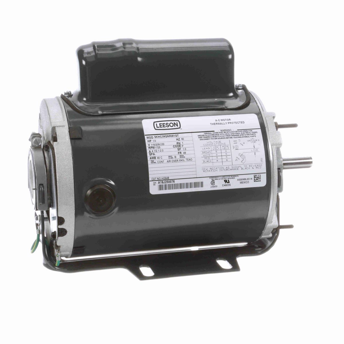 LEESON General Purpose Farm Duty Motor, 0.33 HP, 1 Ph, 60 Hz, 115/208-230 V, 1800 RPM, 48 Frame, TEAO - HG648