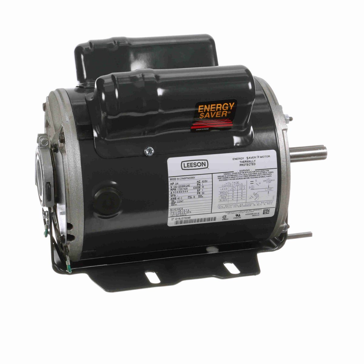LEESON General Purpose Motor, 0.75 HP, 1 Ph, 60 Hz, 100-120/200-240 V, 1800 RPM, 56 Frame, DP - EG272