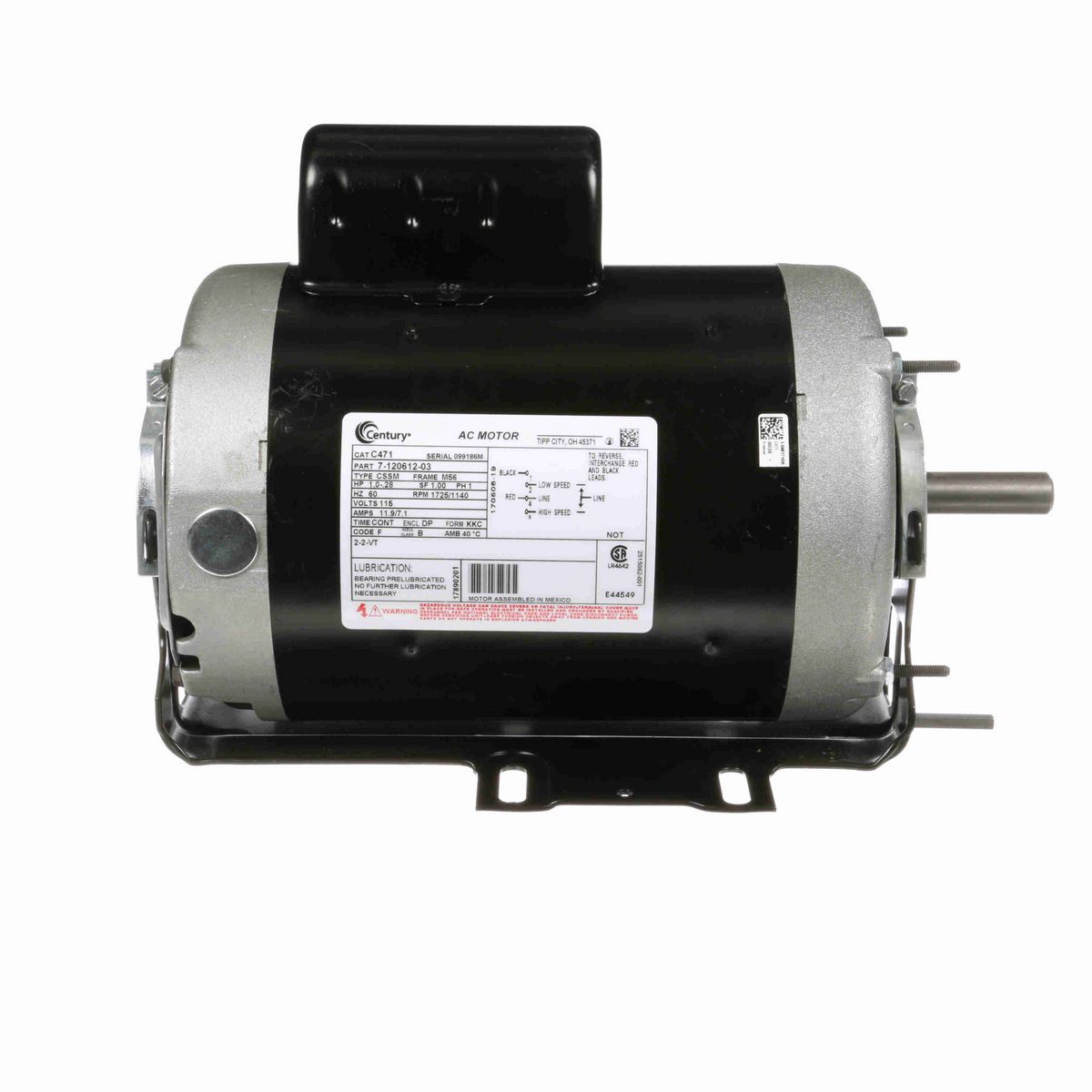 Century Fan and Blower Motor, 1.0-.28 HP, 1 Ph, 60 Hz, 115 V, 1800 RPM, M56 Frame, DP - C471