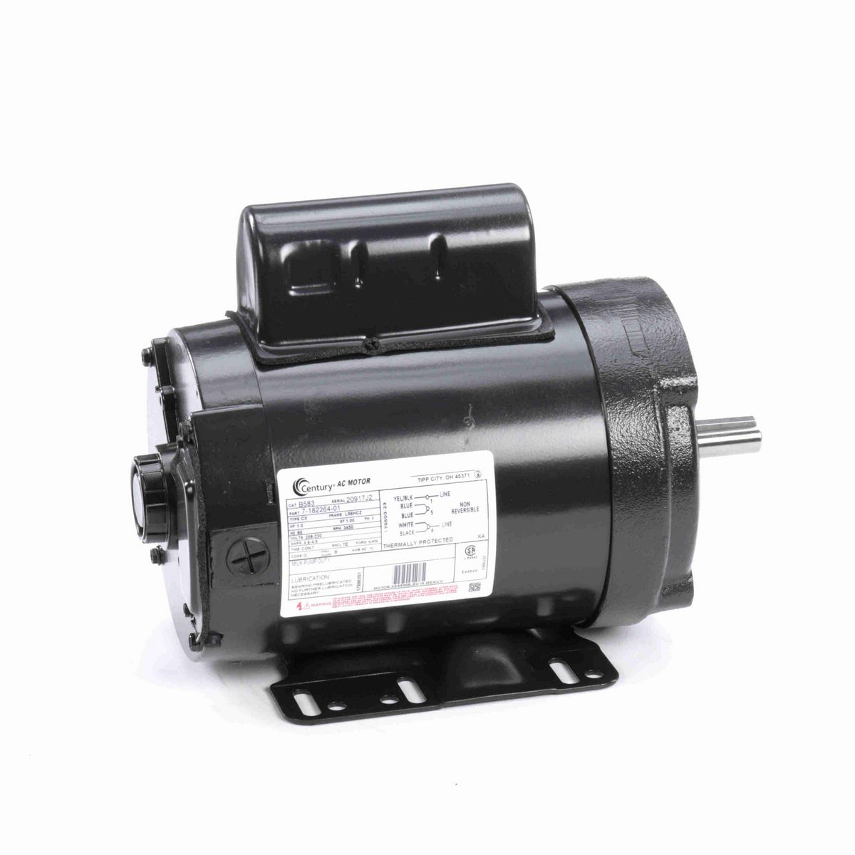Century General Purpose Farm Duty Motor, 1.0 HP, 1 Ph, 60 Hz, 208-230 V, 3600 RPM, L56HCZ Frame, TENV - B583