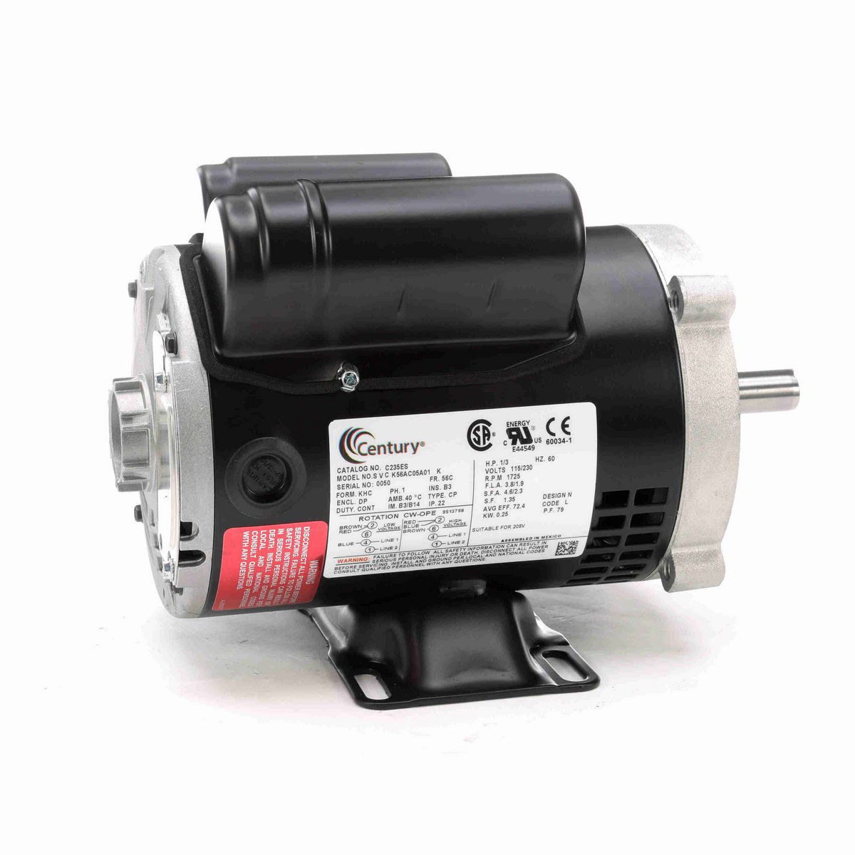 Century General Purpose Motor, 1/3 HP, 1 Ph, 60 Hz, 115/230 V, 1800 RPM, 56C Frame, DP - C235ES