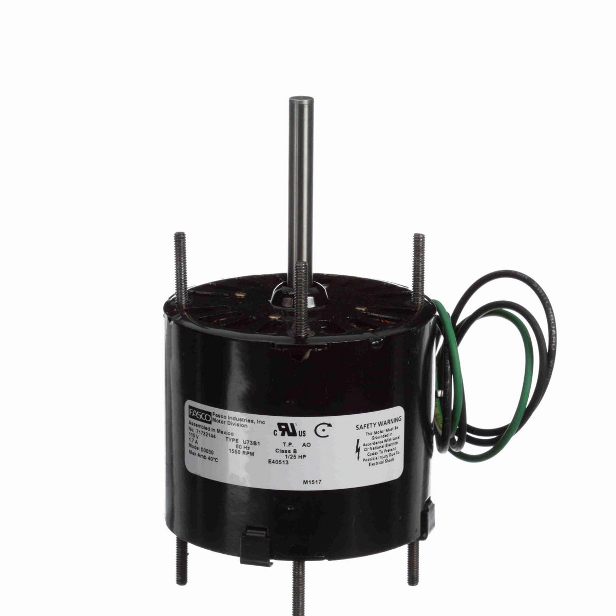 FASCO Ventilation Motor, 1/25 HP, 1 Ph, 60 Hz, 115 V, 1550 RPM, 1 Speed, 3.3" Diameter, OAO - D0030