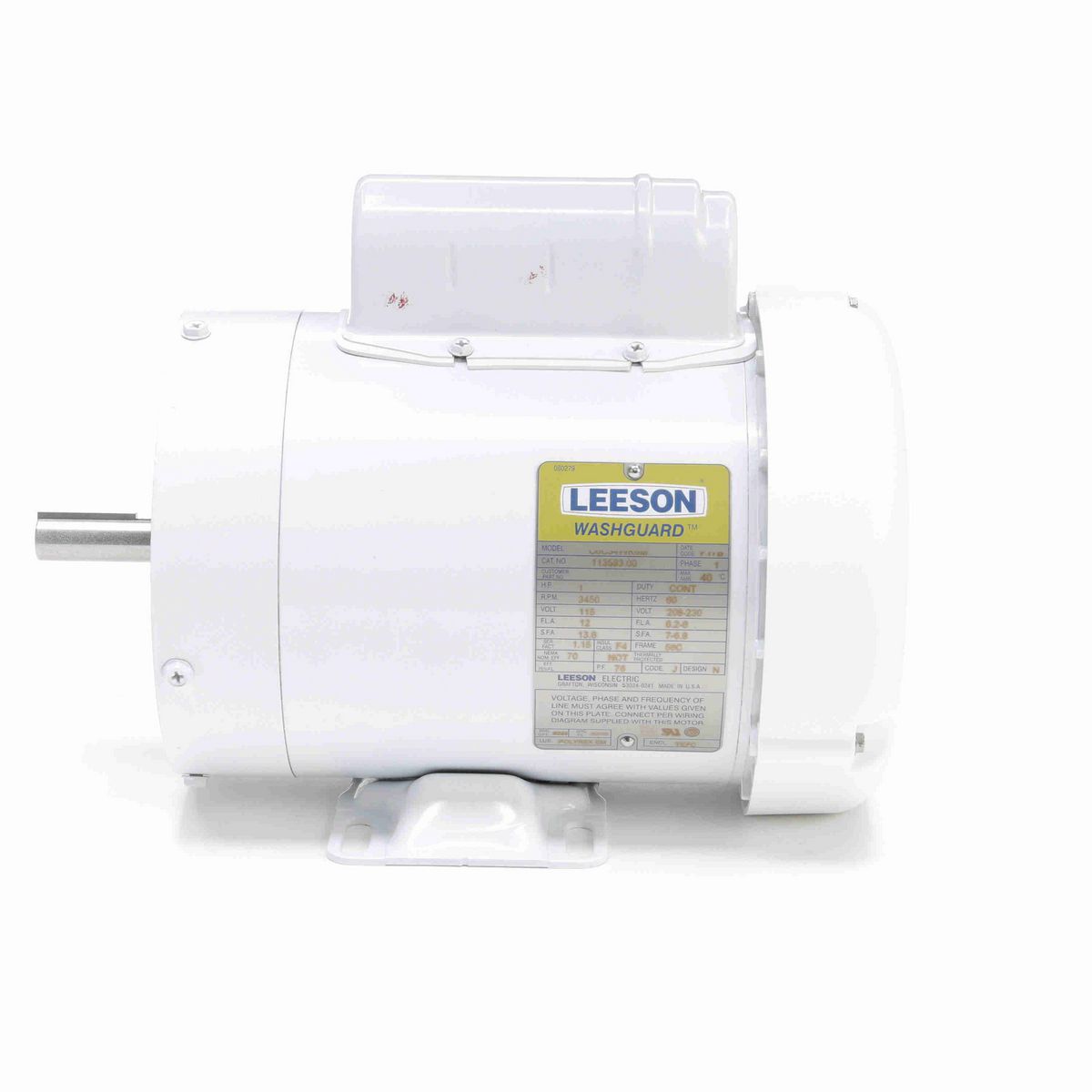 LEESON White Duck™ General Purpose Motor, 1 HP, 1 Ph, 60 Hz, 115/230 V, 3600 RPM, 56C Frame, TEFC - 113583.00