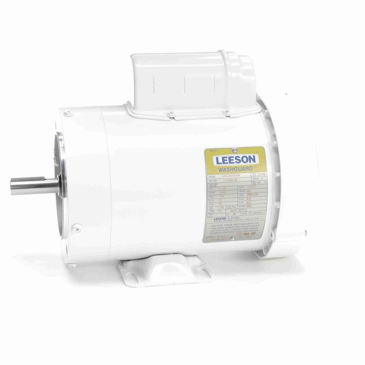 LEESON White Duck™ General Purpose Motor, 1.50 HP, 1 Ph, 60 Hz, 115/230 V, 3600 RPM, 56C Frame, TEFC - 113584.00