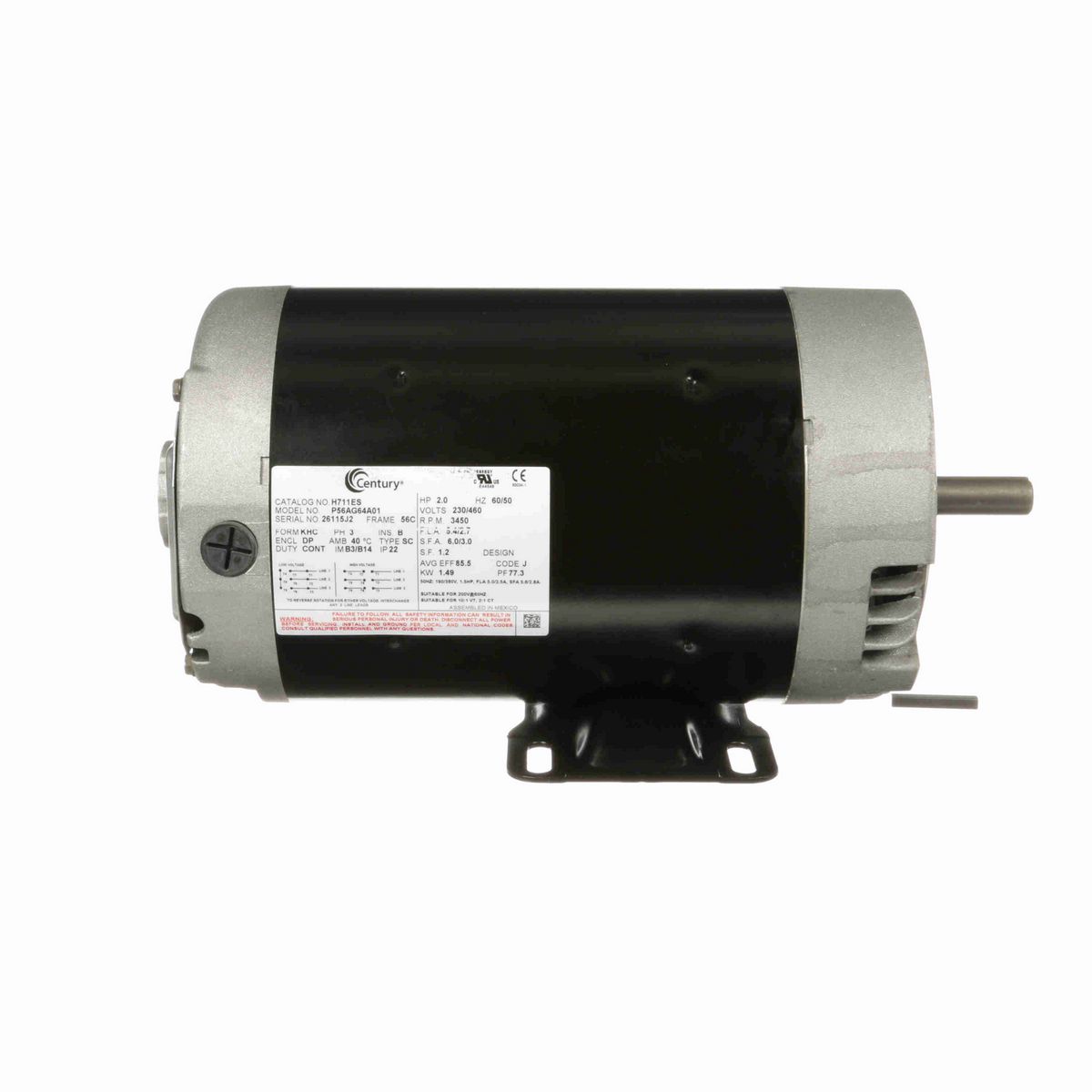Century General Purpose Motor, 2.0 HP, 3 Ph, 60/50 Hz, 230/460 V, 3600 RPM, 56C Frame, ODP - H711ES