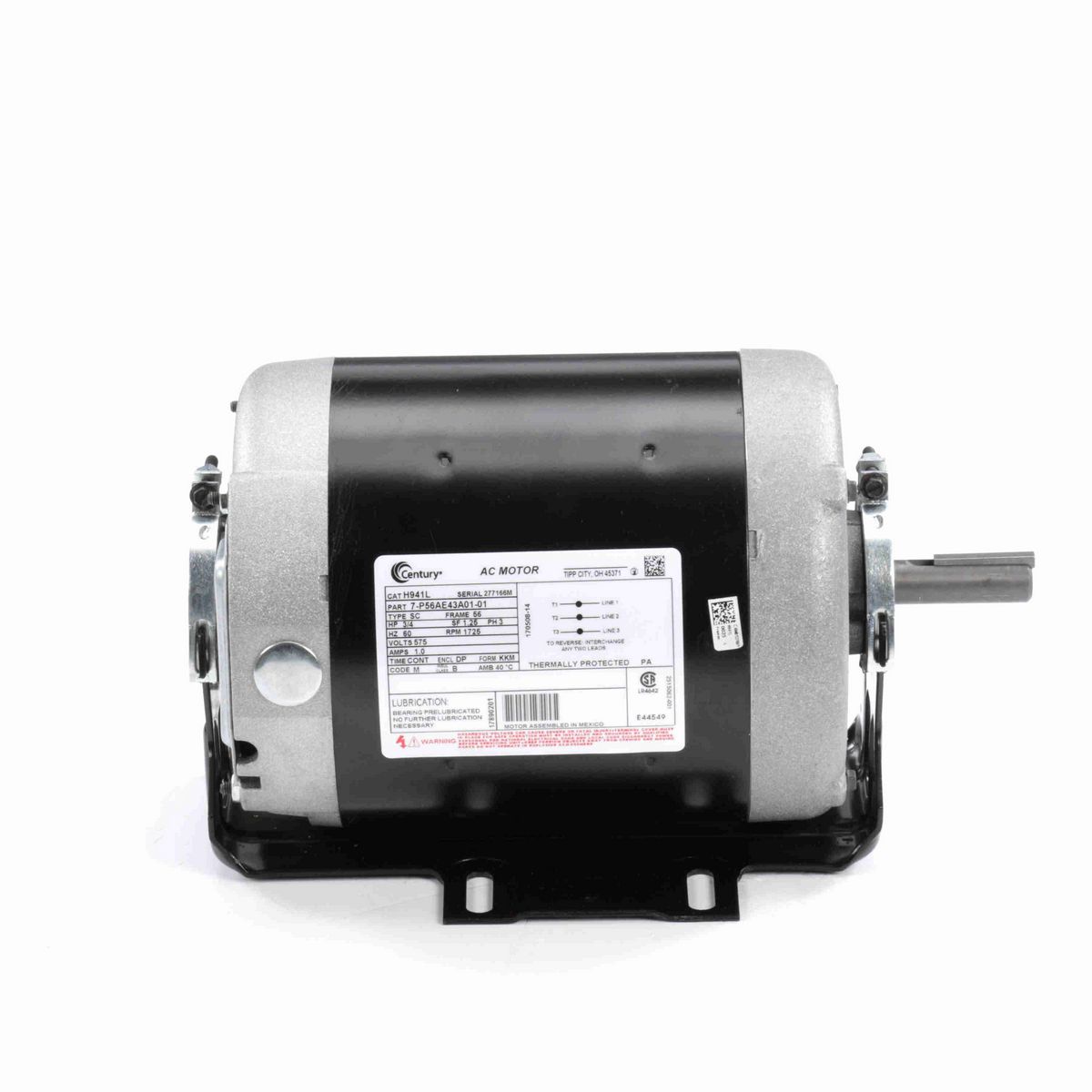 Century Fan and Blower Motor, 3/4 HP, 3 Ph, 60 Hz, 575 V, 1800 RPM, 56 Frame, DP - H941L