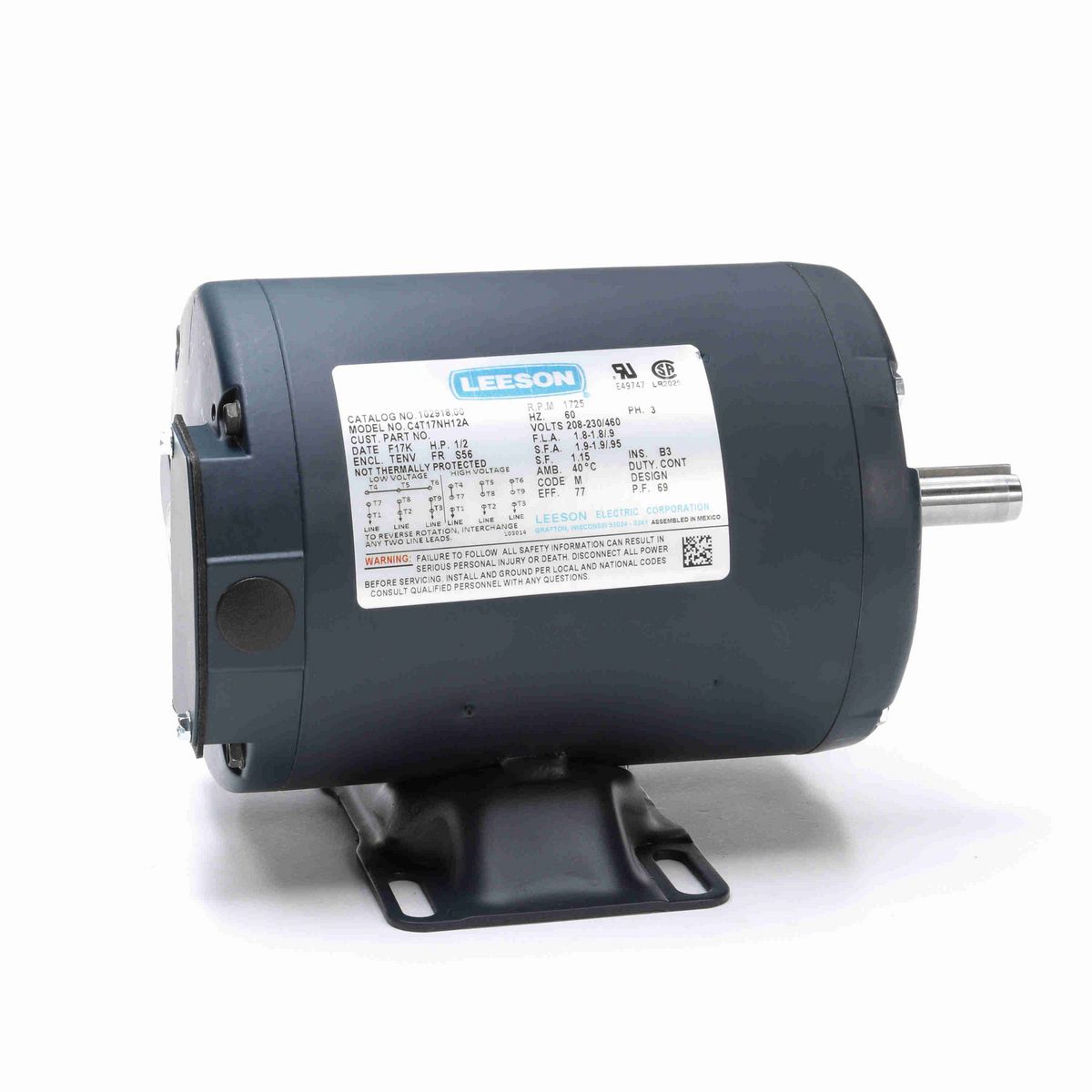 LEESON General Purpose Motor, 0.50 HP, 3 Ph, 60 Hz, 230/460 V, 1800 RPM, S56 Frame, TENV - 102918.00