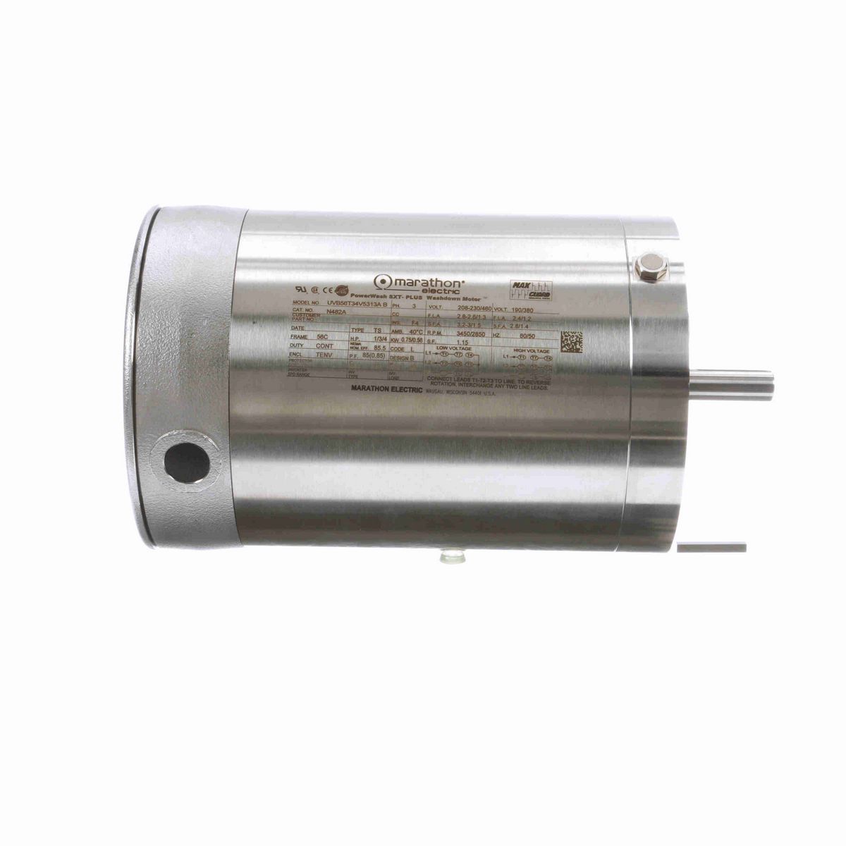 LEESON General Purpose Motor, 1 & 0.75 HP, 3 Ph, 60 & 50 Hz, 208-230/460 & 190/380 V, 3600 & 3000 RPM, 56C Frame, TENV - N482A