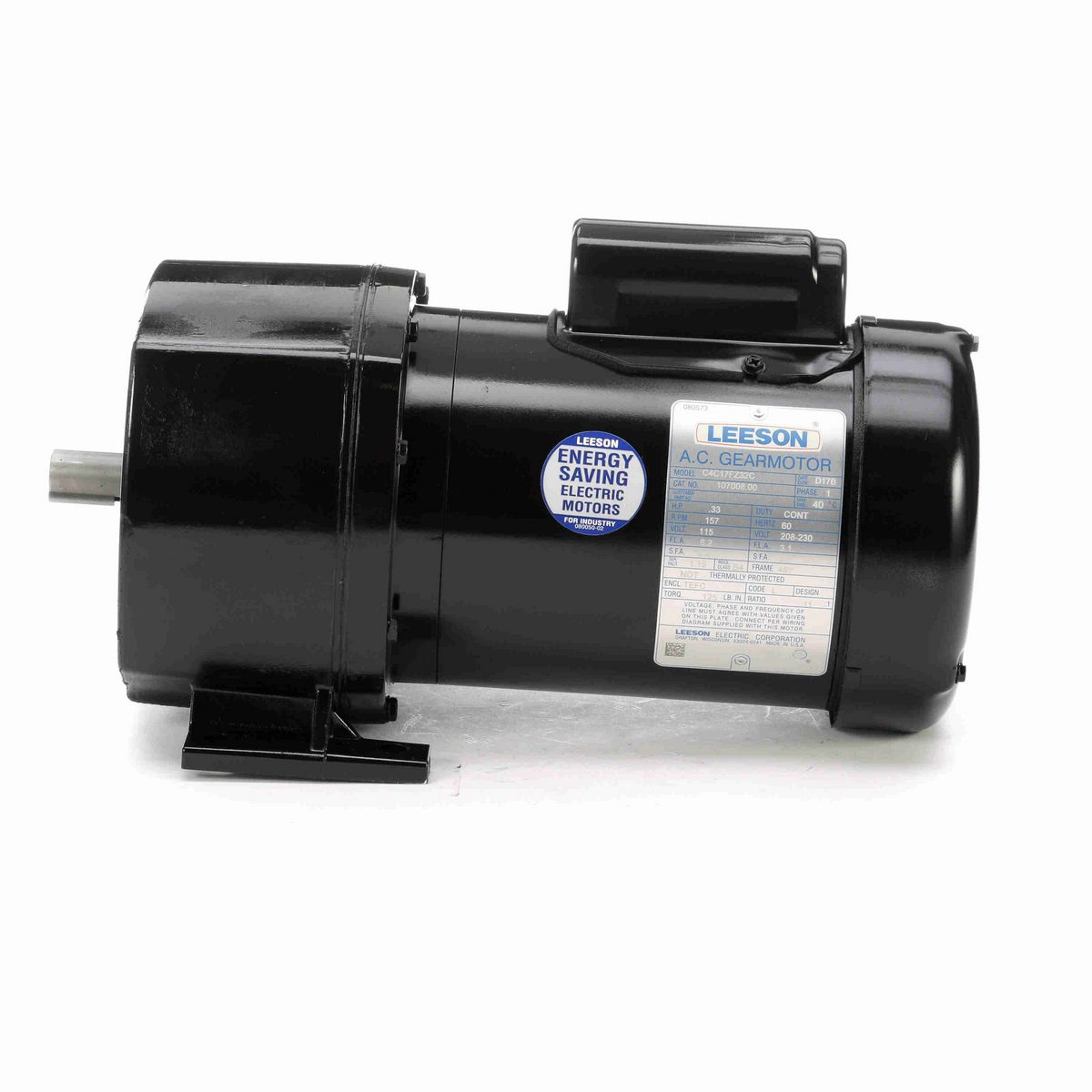 LEESON Parallel Shaft Gearmotor, 0.33 HP, 1 Ph, 60 Hz, 115/208-230 V, 157 RPM, 48Y Frame, TEFC - 107008.00