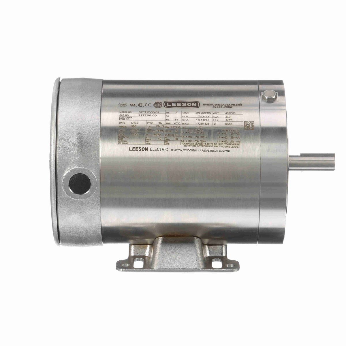 LEESON Premium Duck™ General Purpose Motor, 0.50 & 0.33 HP, 3 Ph, 60 & 50 Hz, 230/460 & 190/380 V, 1800 & 1500 RPM, 56C Frame, TENV - 117266.00