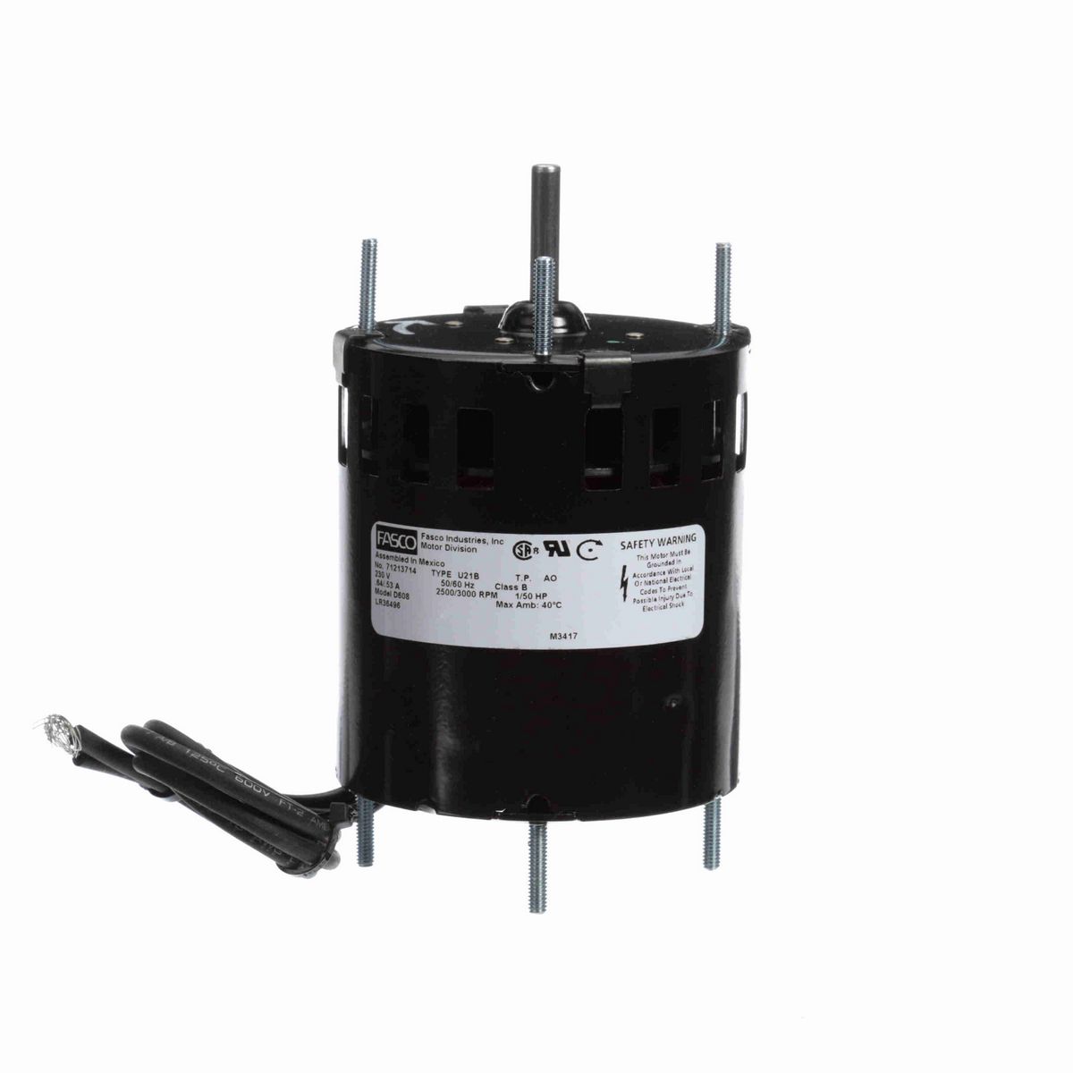 FASCO Fan and Blower Motor, 1/50 HP, 1 Ph, 50 Hz, 230 V, 2500/3000 RPM, 1 Speed, 3.3" Diameter, OAO - D608