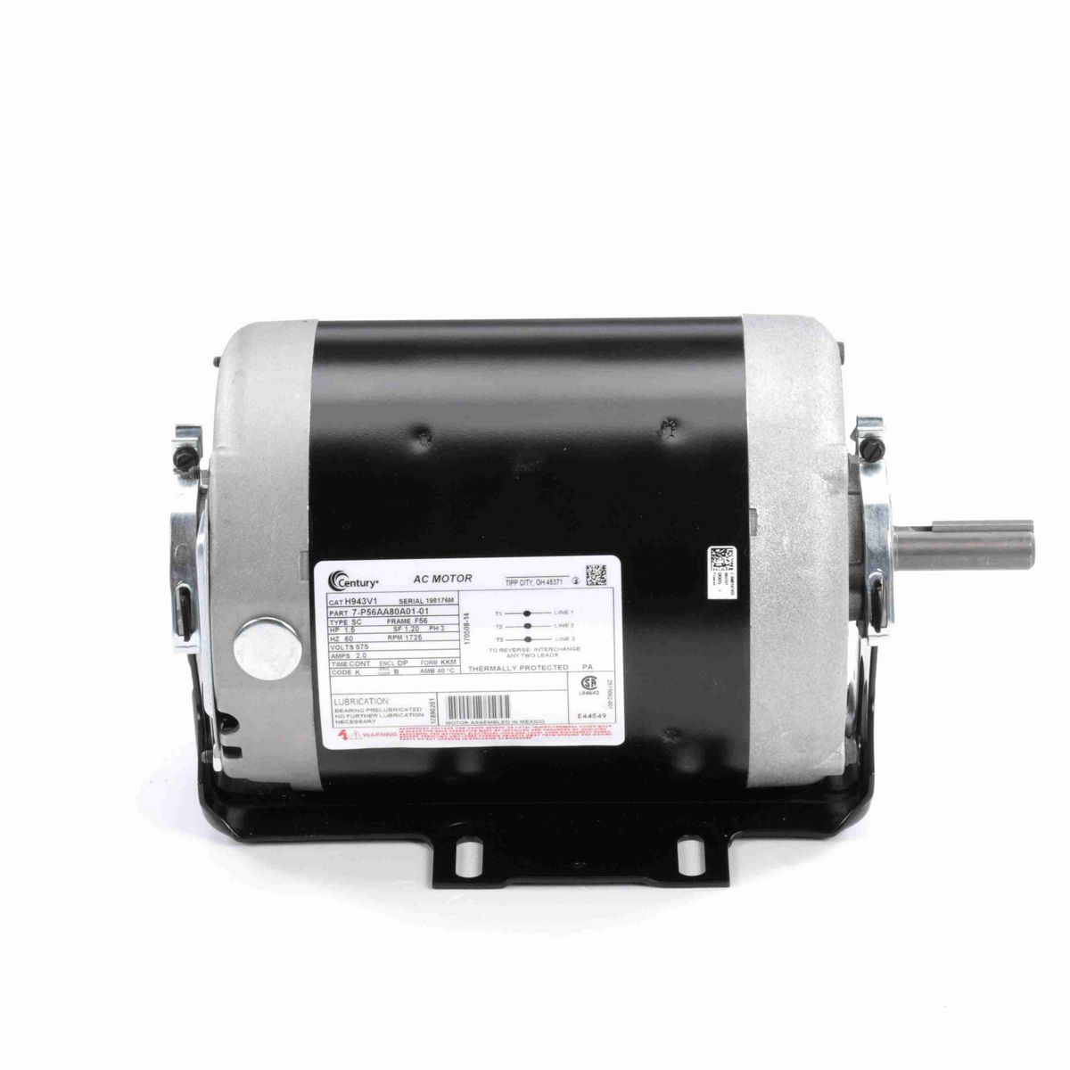 Century Fan and Blower Motor, 1.5 HP, 3 Ph, 60 Hz, 575 V, 1800 RPM, F56None Frame, DP - H943V1