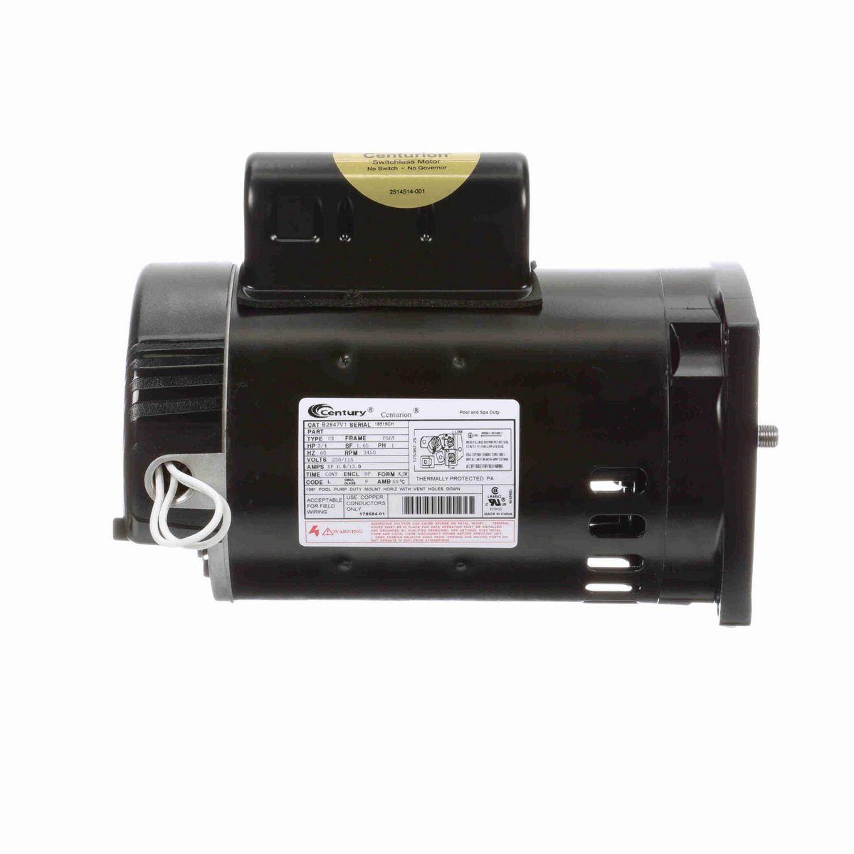 Century Pool Pump Motor, 3/4 HP, 1 Ph, 60 Hz, 230/115 V, 3600 RPM, P56Y Frame, DP - B2847V1