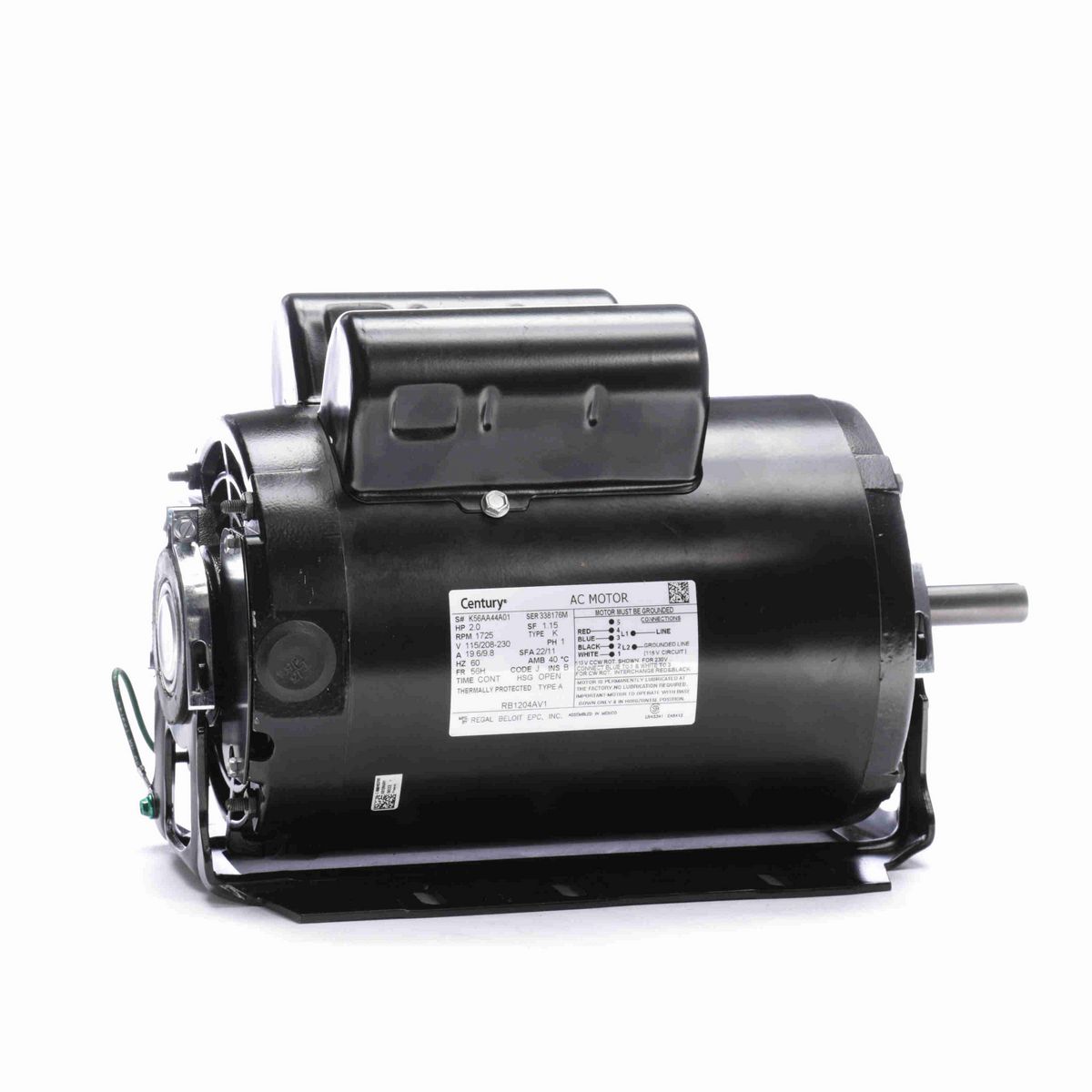 Century Fan and Blower Motor, 2.0 HP, 1 Ph, 60 Hz, 115/208-230 V, 1800 RPM, 56H Frame, OPEN - RB1204AV1
