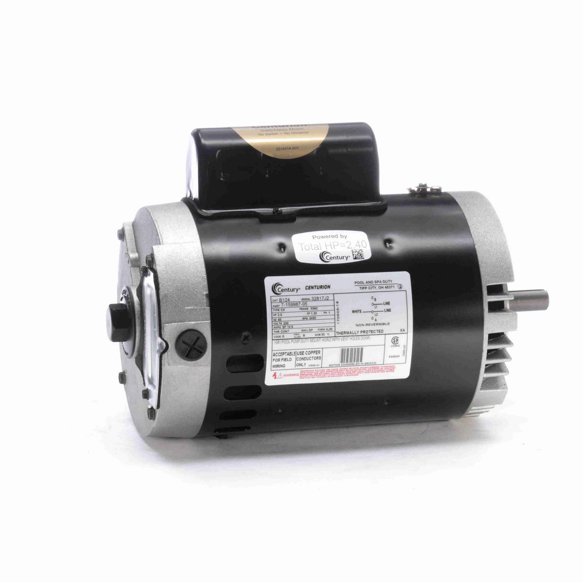 Century Pool Pump Motor, 2.0 HP, 1 Ph, 60 Hz, 230 V, 3600 RPM, X56C Frame, DP - B124