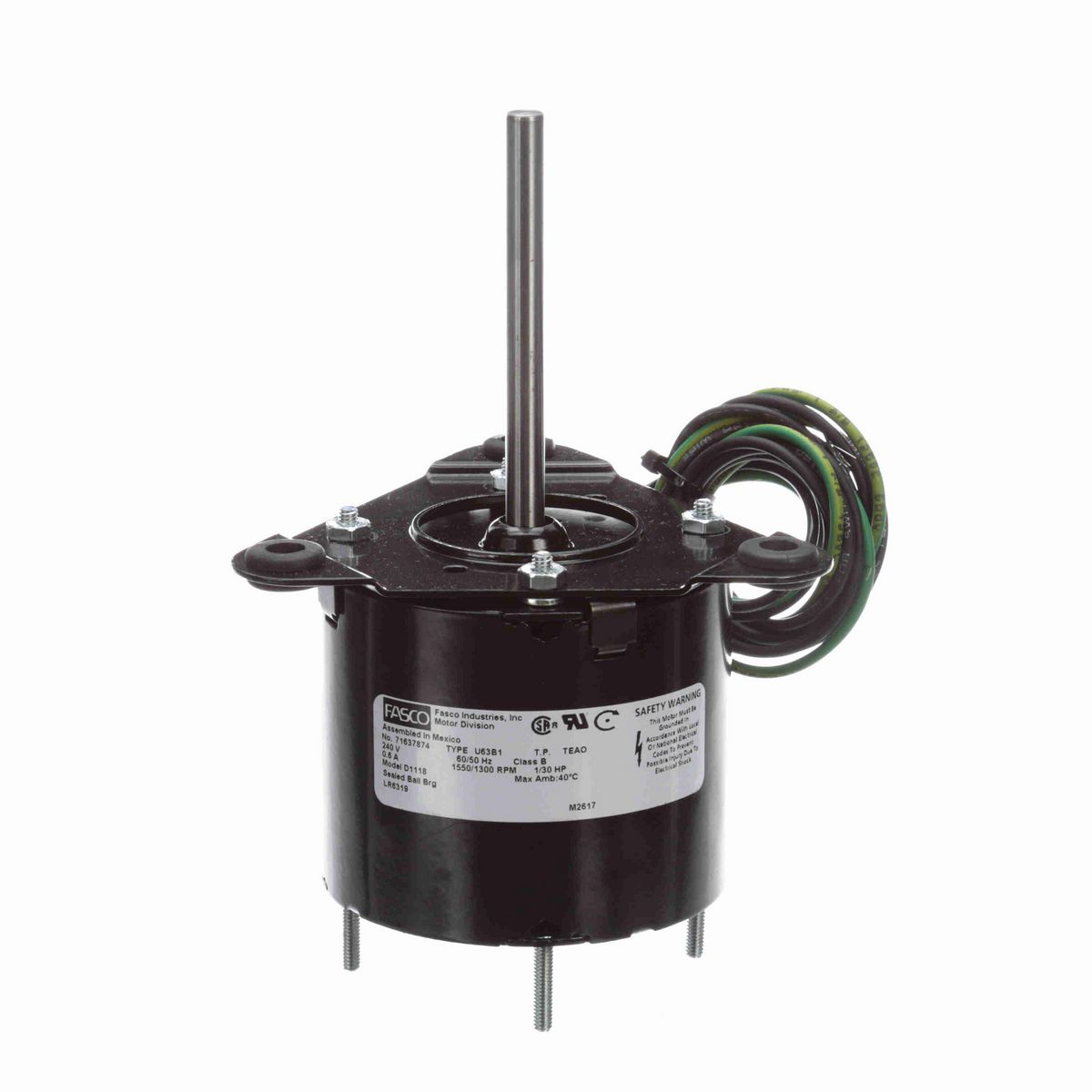 FASCO OEM Replacement Motor, 1/30 HP, 1 Ph, 60 Hz, 240 V, 1550/1300 RPM, 1 Speed, 3.3" Diameter, TEAO - D1118