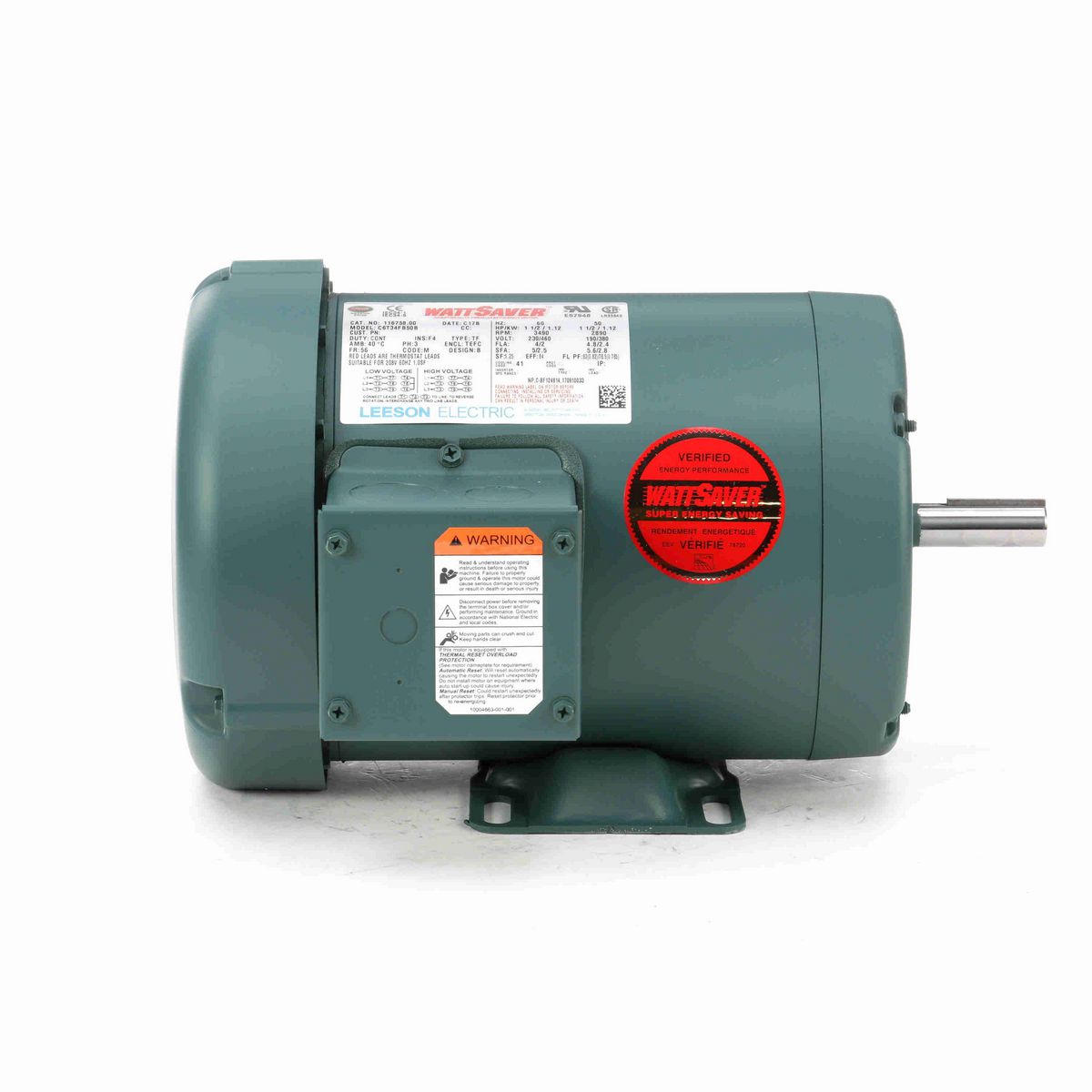 LEESON WATTSAVER® General Purpose Motor, 1.50 & 1.50 HP, 3 Ph, 60 & 50 Hz, 230/460 & 190/380 V, 3600 & 3000 RPM, 56 Frame, TEFC - 116758.00