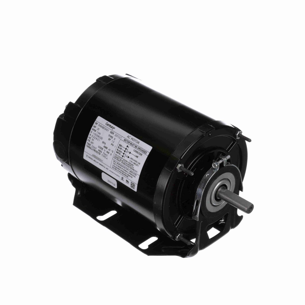 Century Fan and Blower Motor, .25 HP, 1 Ph, 60 Hz, 115/208-230 V, 1200 RPM, 48Y Frame, TEAO - ARB2026SV1