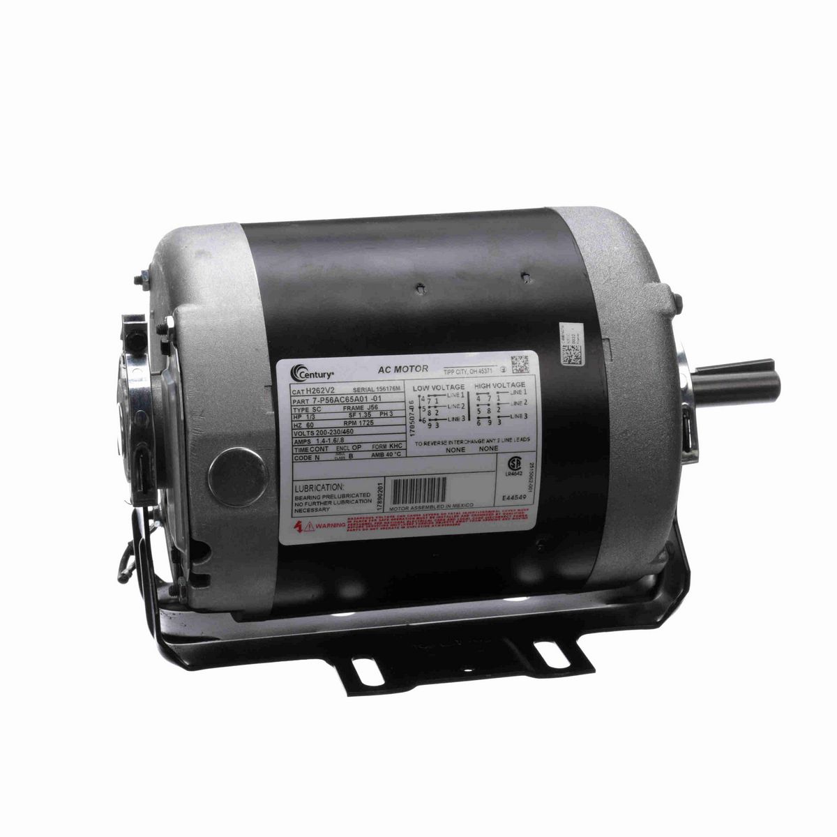 Century Fan and Blower Motor, 1/3 HP, 3 Ph, 60 Hz, 200-230/460 V, 1800 RPM, J56 Frame, ODP - H262V2