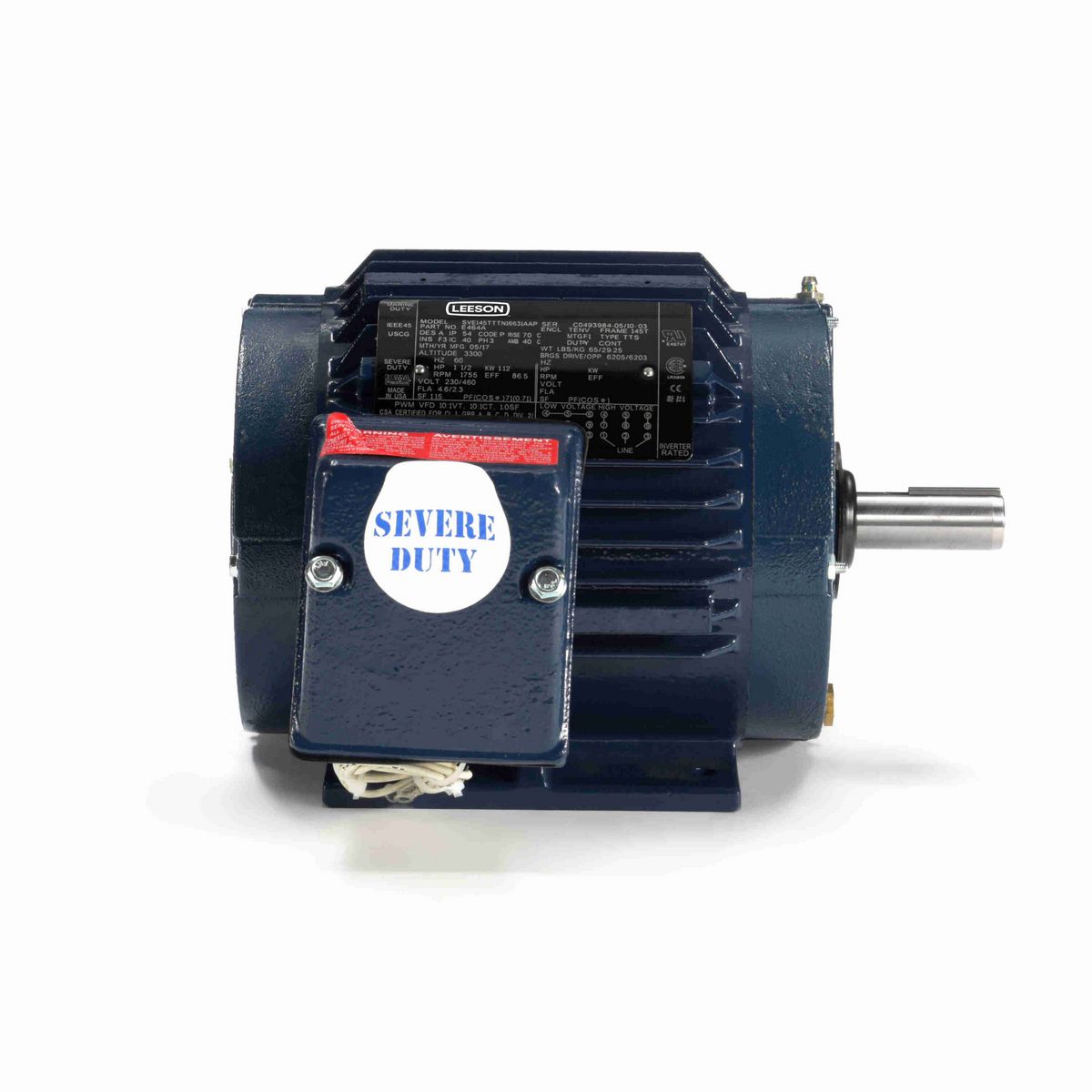 LEESON Severe Duty Motor, 1.50 HP, 3 Ph, 60 Hz, 230/460 V, 1800 RPM, 145T Frame, TENV - E464A