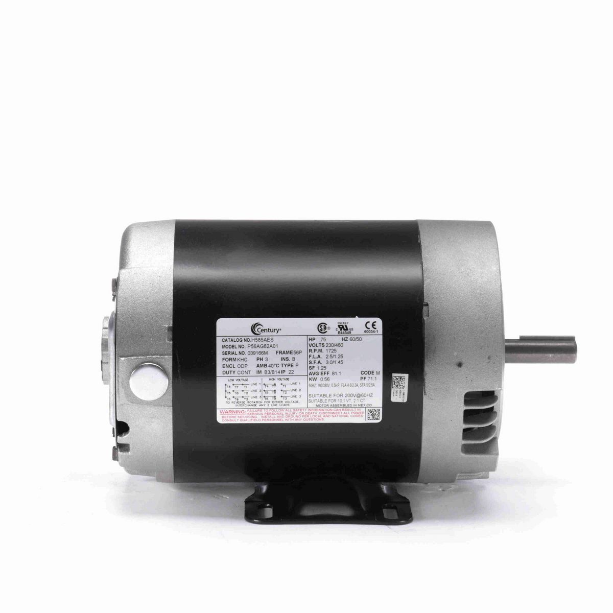 Century General Purpose Motor, .75 HP, 3 Ph, 60 Hz, 230/460 V, 1800 RPM, 56C Frame, ODP - H585AES