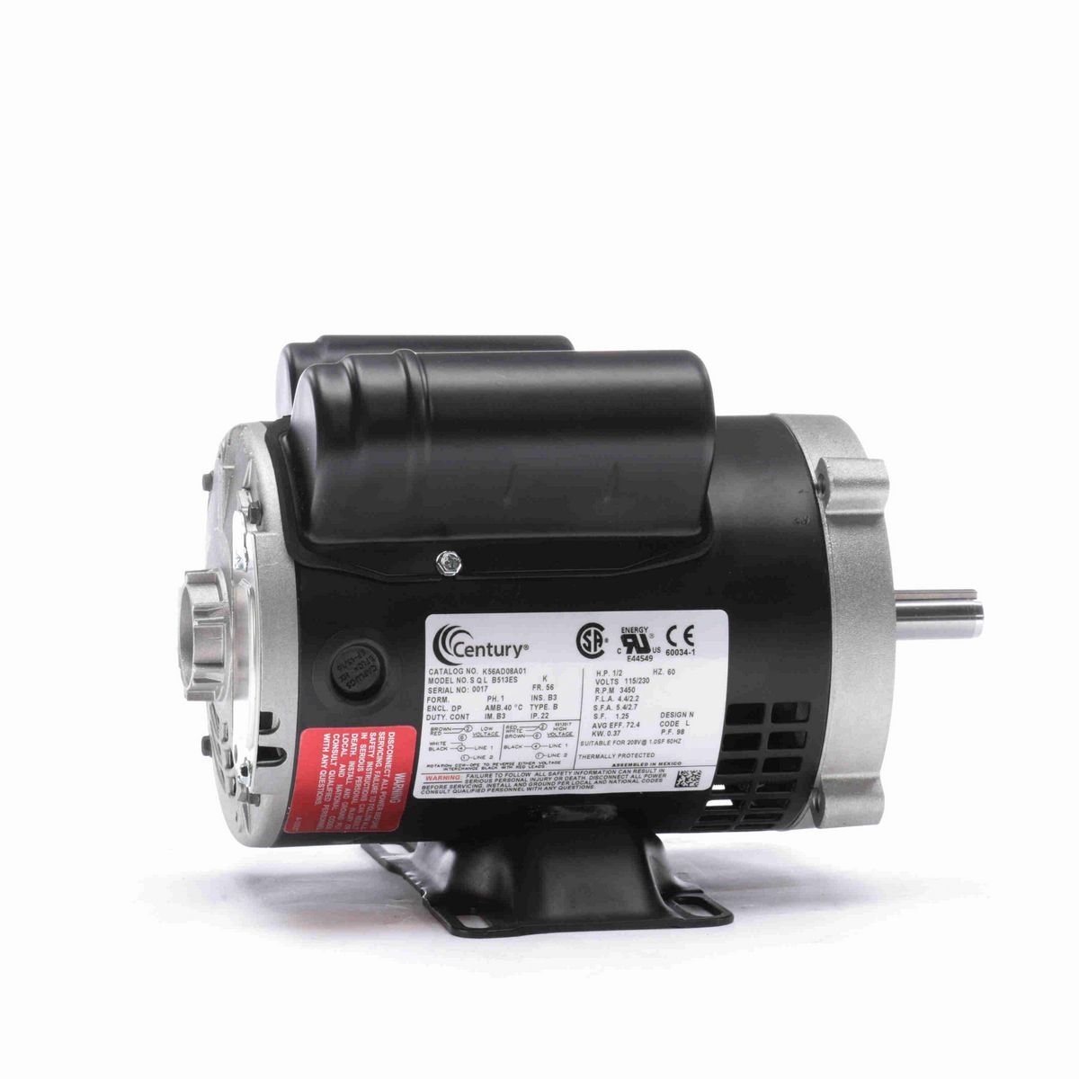 Century General Purpose Motor, 1/2 HP, 1 Ph, 60 Hz, 115/230 V, 3600 RPM, 56 Frame, ODP - B513ES