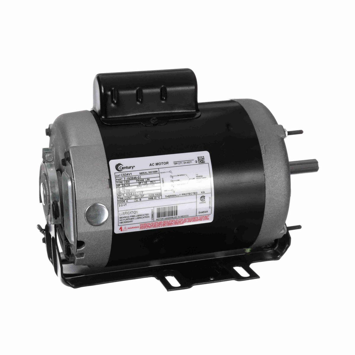 Century Fan and Blower Motor, 3/4-1/4 HP, 1 Ph, 60 Hz, 208-230 V, 1800 RPM, L56 Frame, DP - C534V1