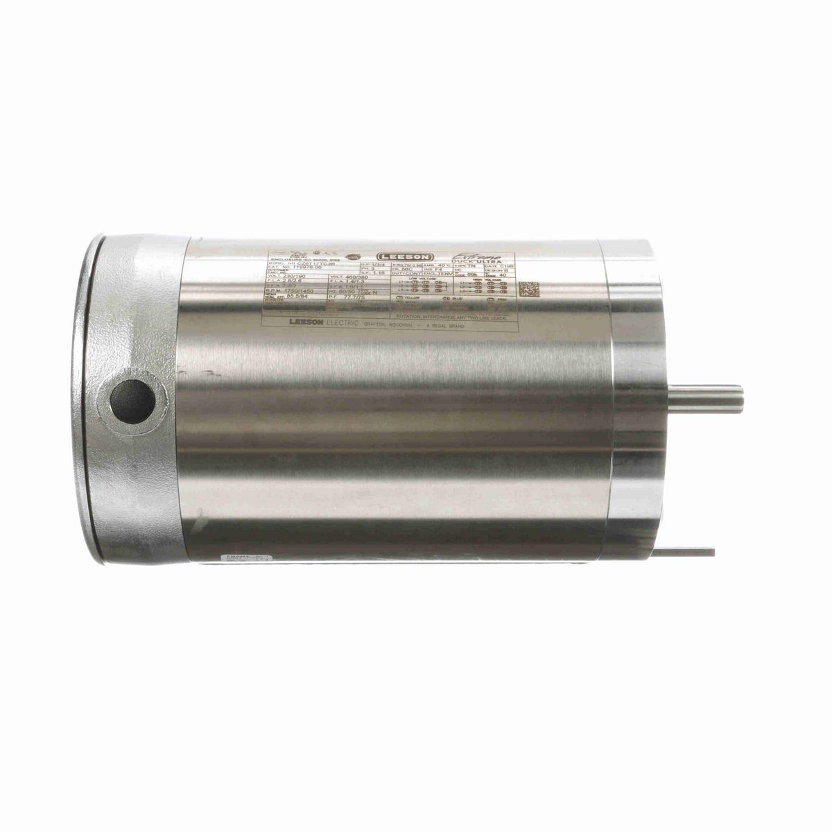 LEESON Extreme Duck® Ultra General Purpose Motor, 1 & 0.75 HP, 3 Ph, 60 & 50 Hz, 230/460 & 190/380 V, 1800 & 1500 RPM, 56C Frame, TENV - 119976.00