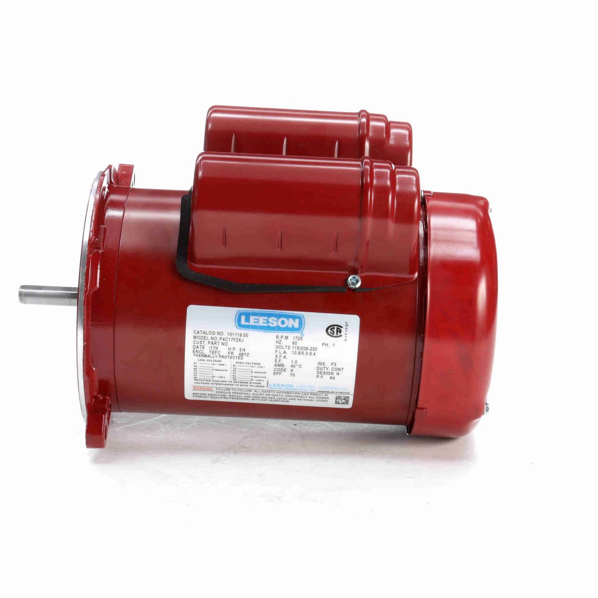 LEESON Auger Drive Motor, 0.75 HP, 1 Ph, 60 Hz, 115/230 V, 1800 RPM, 48Y Frame, TEFC - 101119.00